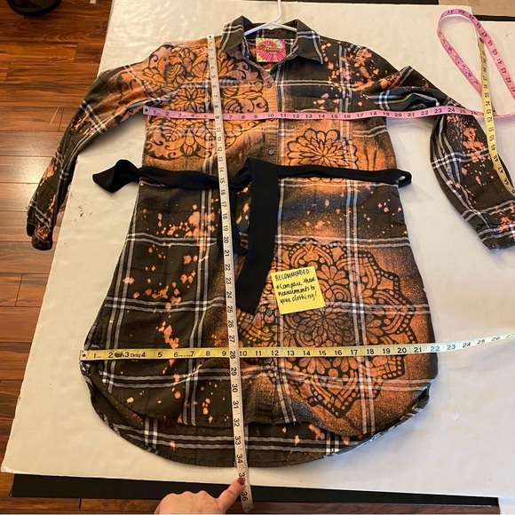 Handmade Flannel Dress Womens Small Boho Stencil Bleached Floral Tunic Green - Picture 9 of 12